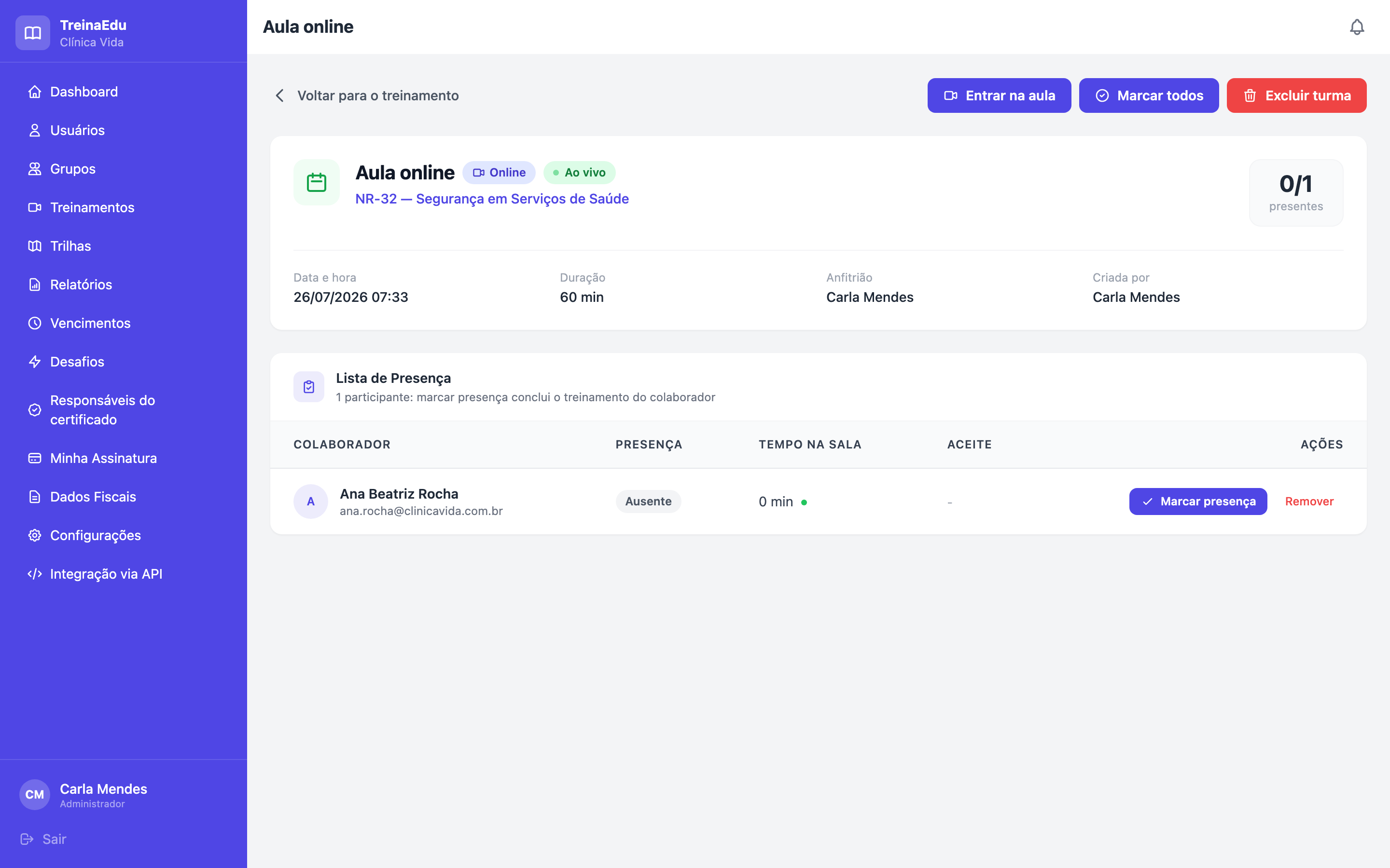 Painel de uma aula online ao vivo no TreinaEdu com participante na sala e lista de presença