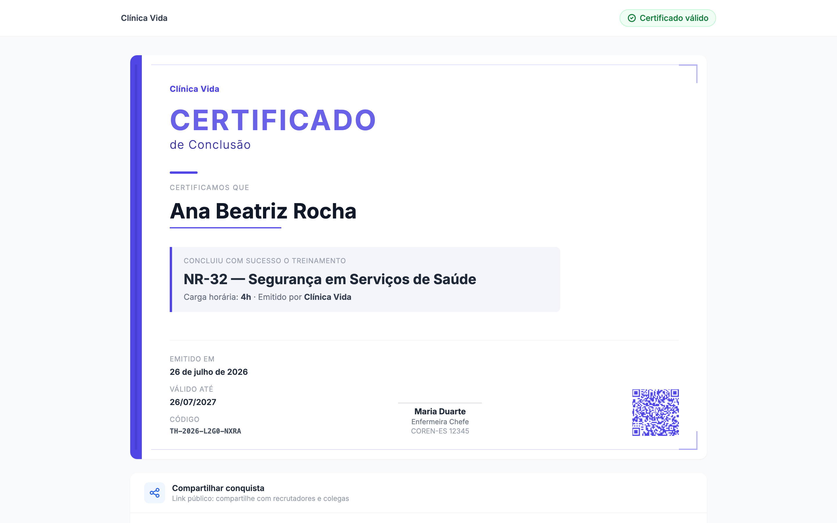 Página pública de verificação de certificado do TreinaEdu com QR Code e dados do treinamento