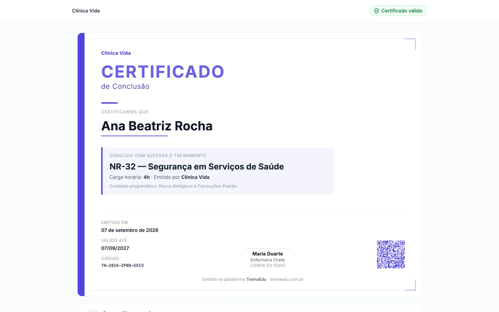 Public certificate verification page with QR code