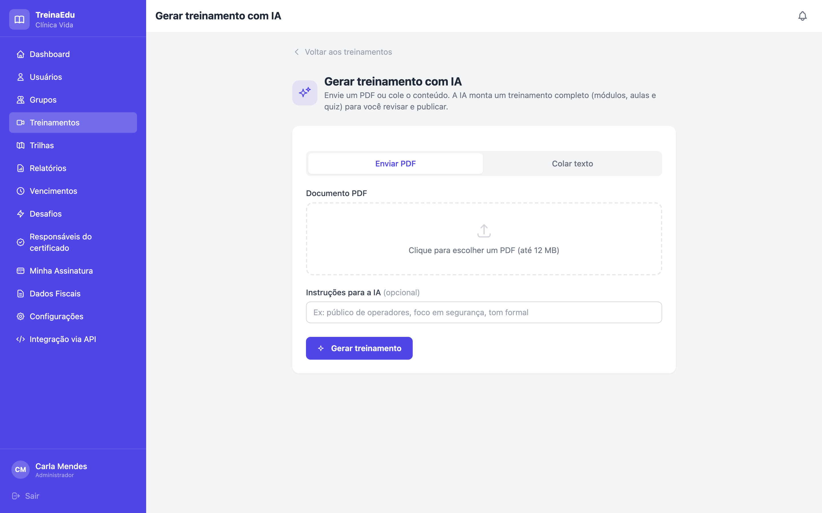 Estúdio de Treinamentos do TreinaEdu montando um treinamento a partir de um PDF, com instruções personalizadas