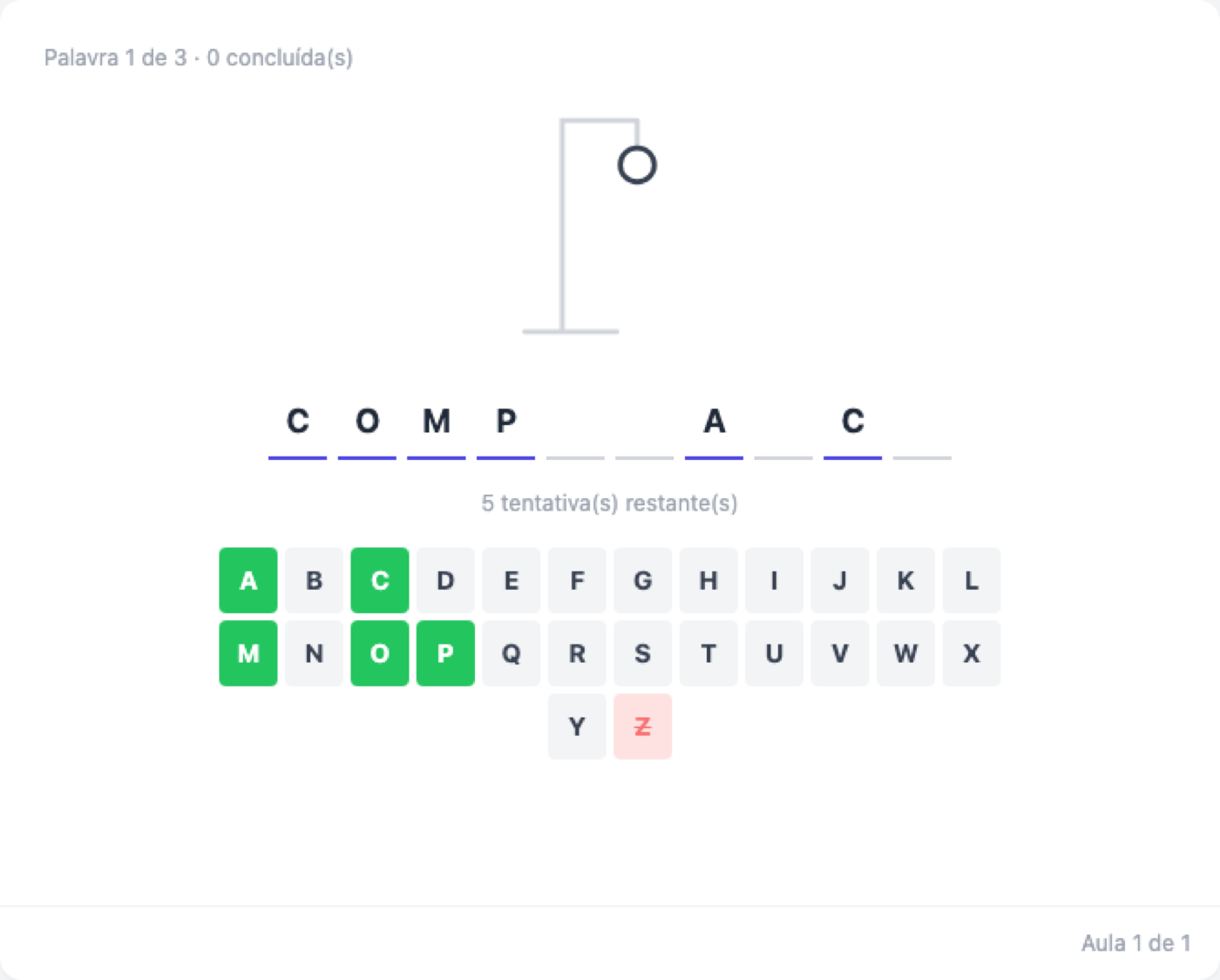 Jogo da forca no TreinaEdu com a palavra COMPLIANCE e o teclado de letras