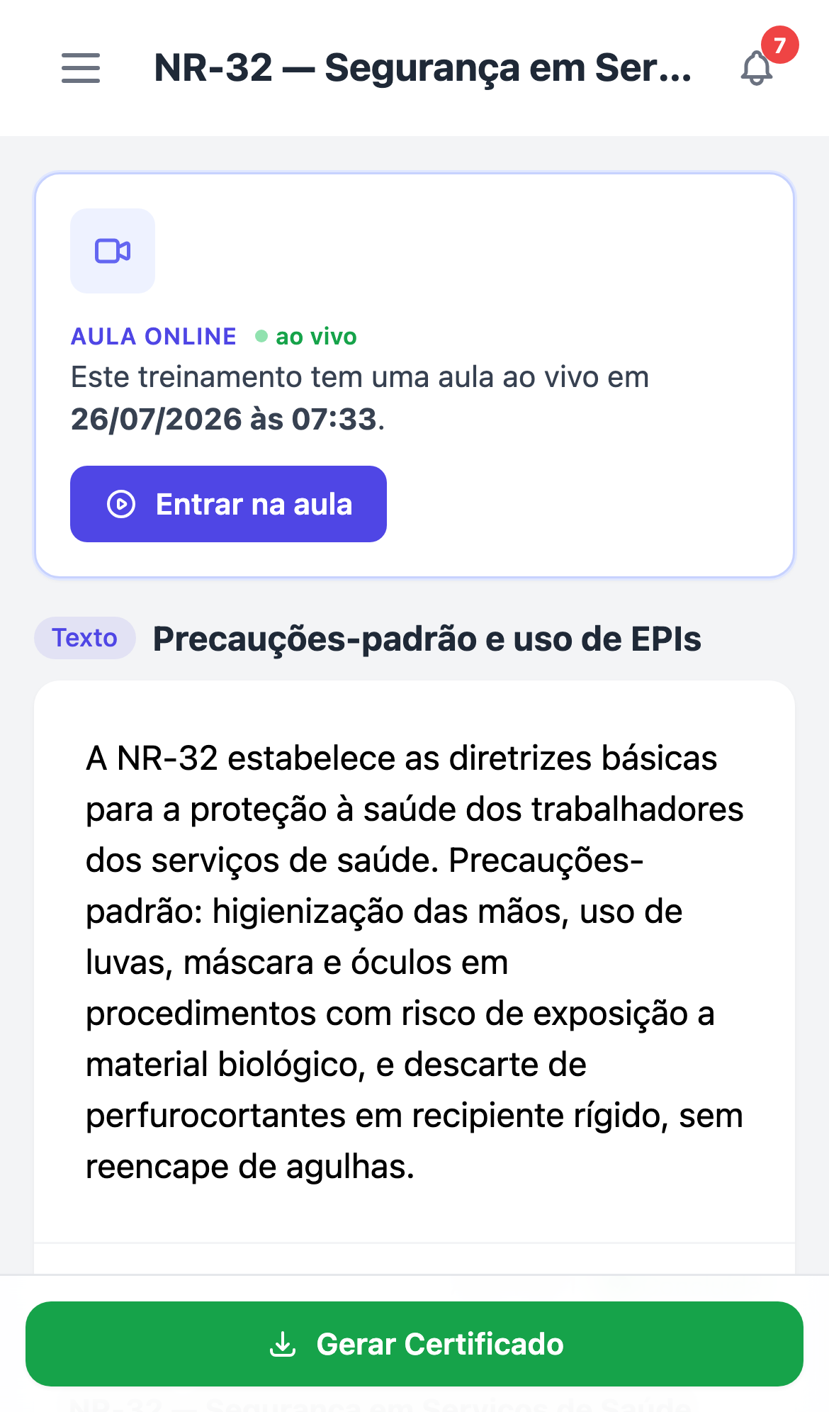 Aula do TreinaEdu aberta no navegador do celular